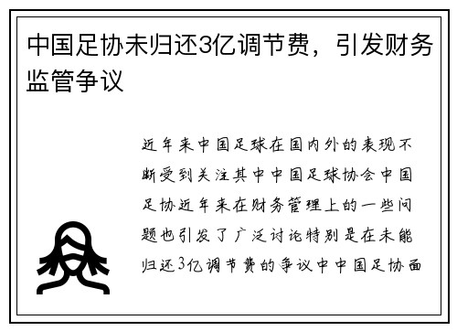 中国足协未归还3亿调节费，引发财务监管争议
